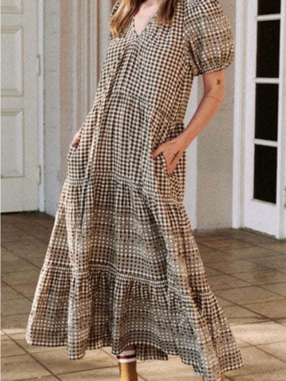 THE GREAT. Dakota Dress Brown and Cream Gingham V-Neck Tiered Maxi Dress
